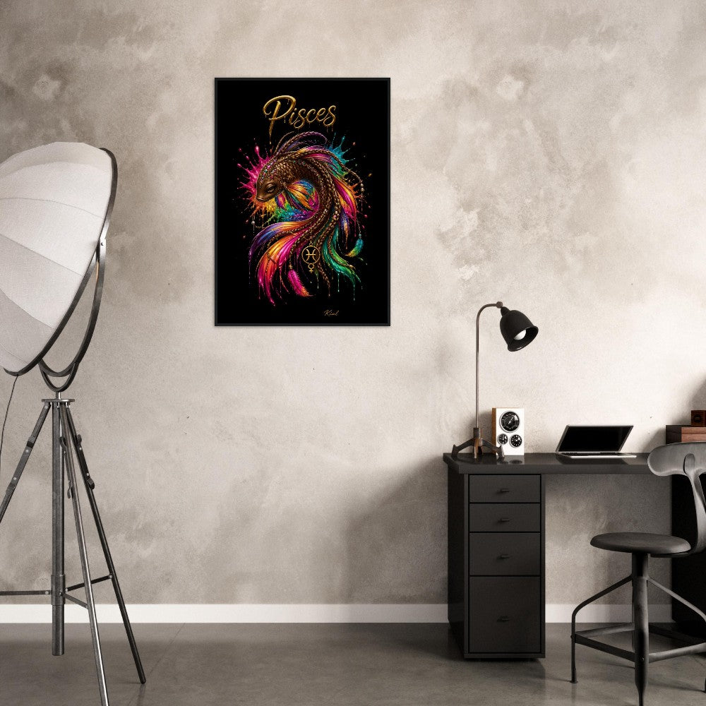 Pisces Neon Zodiac Koi Poster, Colorful Wall Art, Artistic Astrology Canvas, Zodiac Gift for Her, Danish Art Studio
