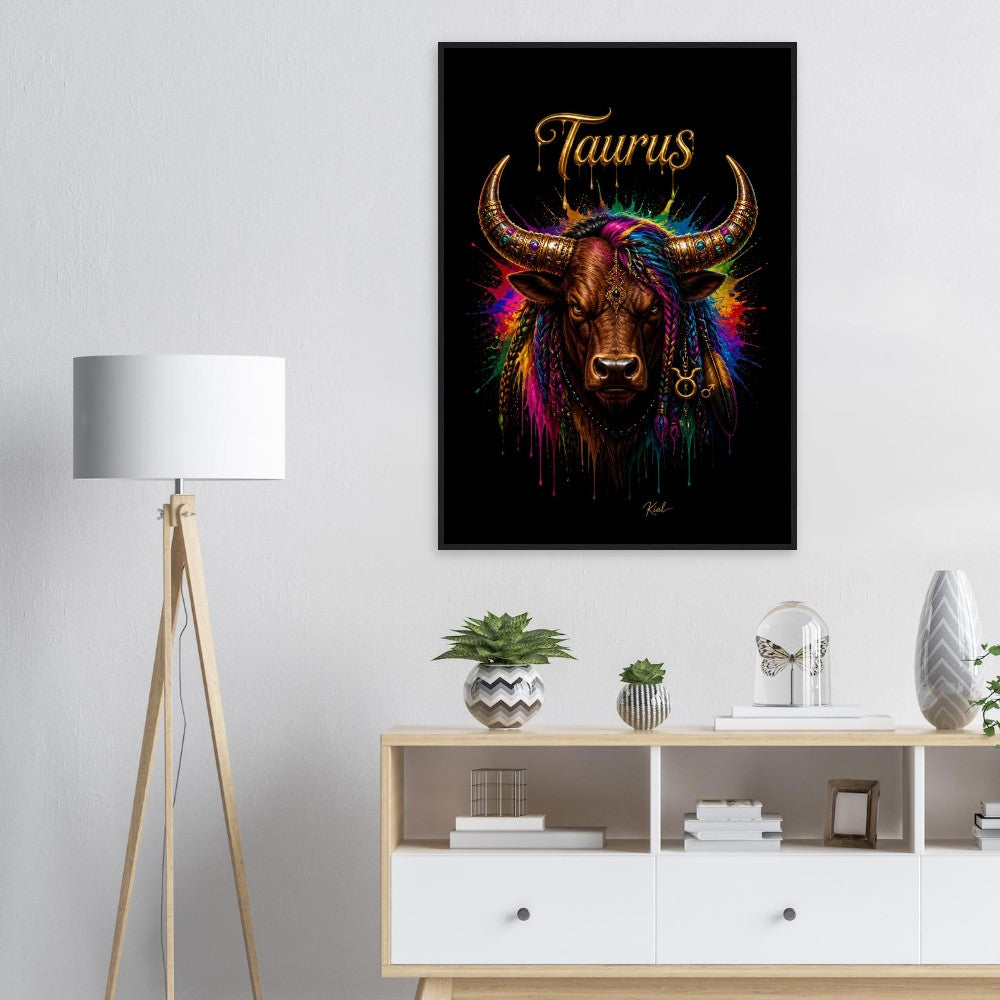 Taurus Neon Zodiac Bull Poster, Colorful Wall Art, Artistic Astrology Canvas, Zodiac Gift for Him, Danish Art Studio