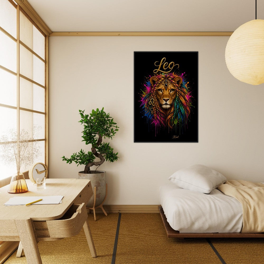 Leo Neon Zodiac Löwen Poster, Bunte Wandkunst, Künstlerische Astrologie Leinwand, Tierkreisgeschenk für Sie, Dänisches Kunststudio
