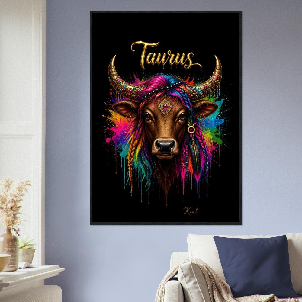 Taurus Neon Zodiac Bull Poster, Colorful Wall Art, Artistic Astrology Canvas, Zodiac Gift for Her, Danish Art Studio