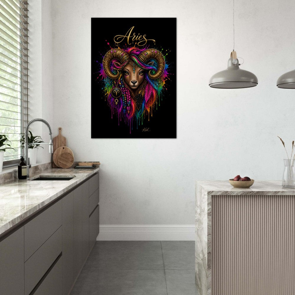 Vædderen Neon Stjernetegn Plakat, Farverig Vægkunst, Kunstnerisk Astrologi Lærred, Stjernetegnsgave til Hende, Danish Art Studio
