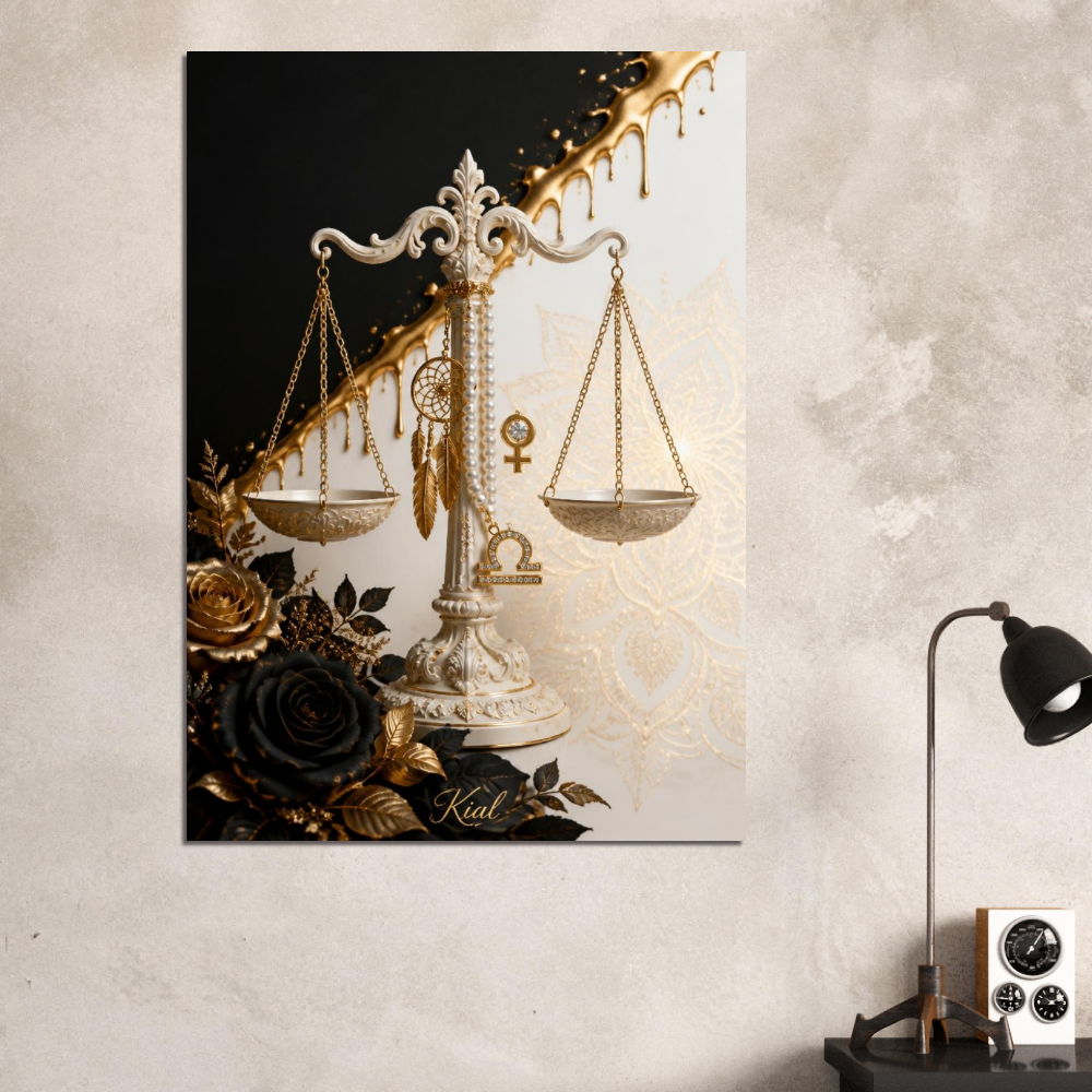 Libra Zodiac Scales Poster, Gold Wall Art, Astrology Canvas, Scales Portrait, Zodiac Gift for Her, Danish Art Studio