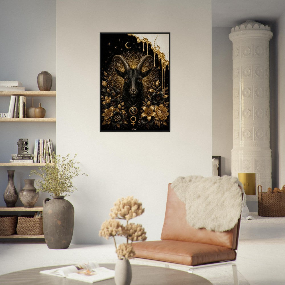 Capricorn Zodiac Goat Poster, Gold Wall Art, Astrology Canvas, Goat Portrait, Zodiac Gift for Her, Danish Art Studio