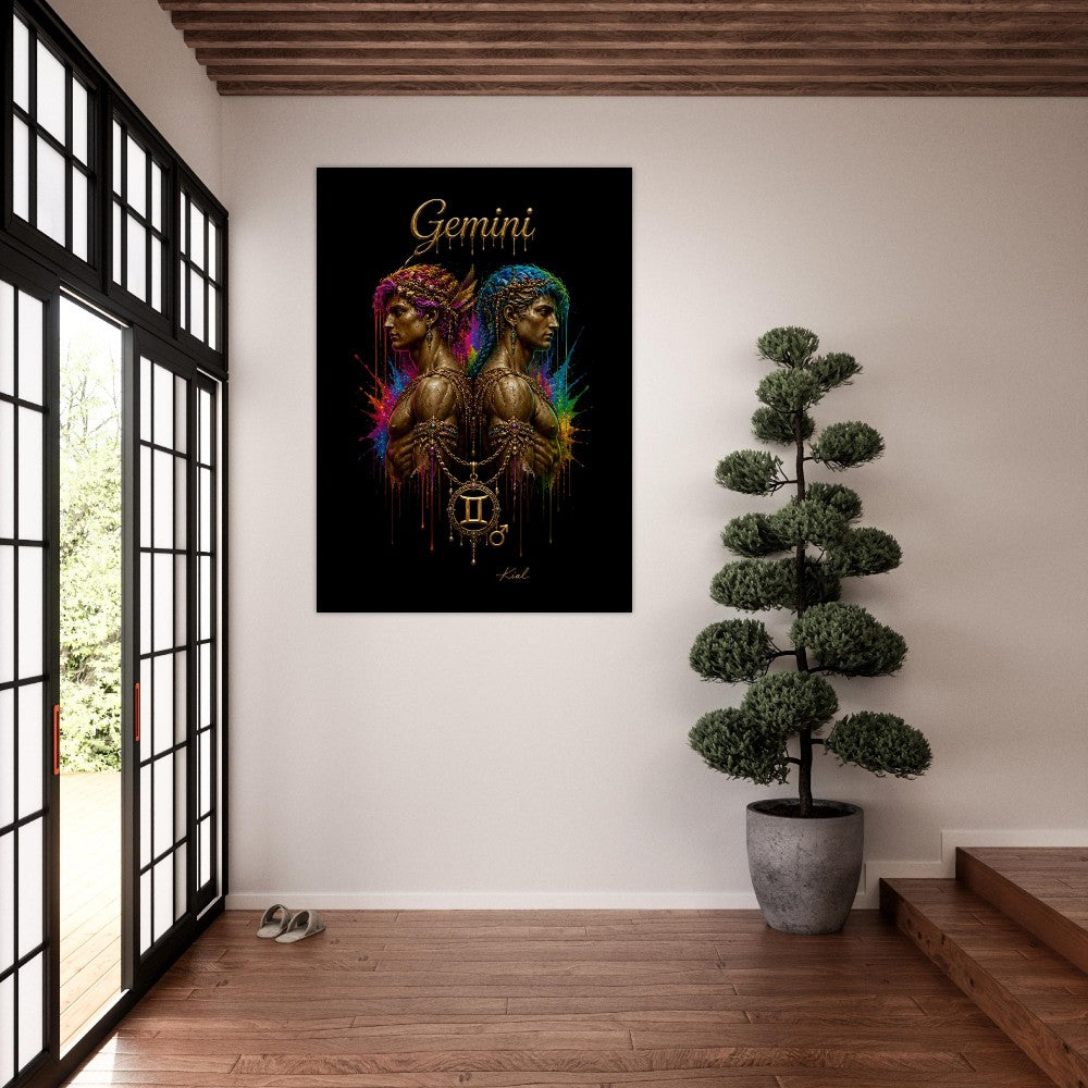 Gemini Neon Zodiac Twins Plakat, Farverig Vægkunst, Kunstnerisk Astrologi Lærred, Stjernetegnsgave til Ham, Danish Art Studio