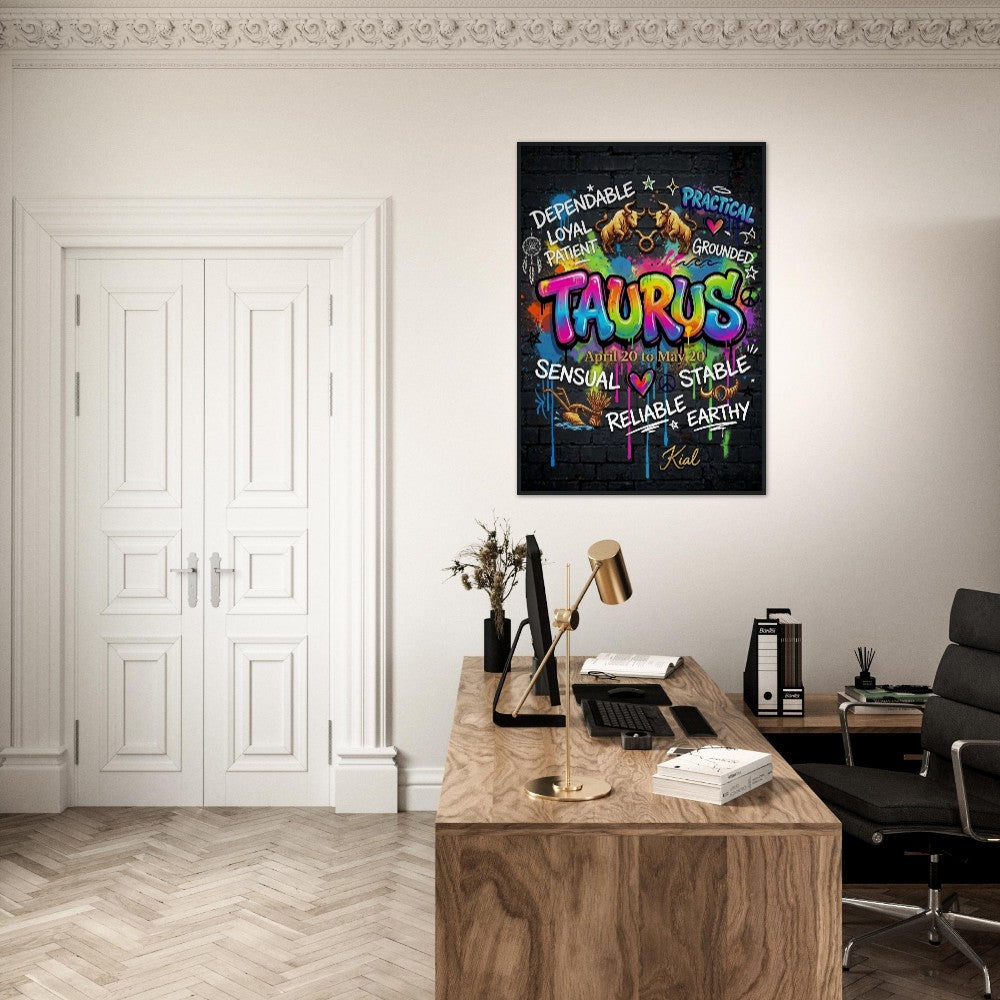 Taurus Neon Graffiti Zodiac Poster, Dark Background, Colorful Street Art, Zodiac Gift for Her, Danish Art Studio