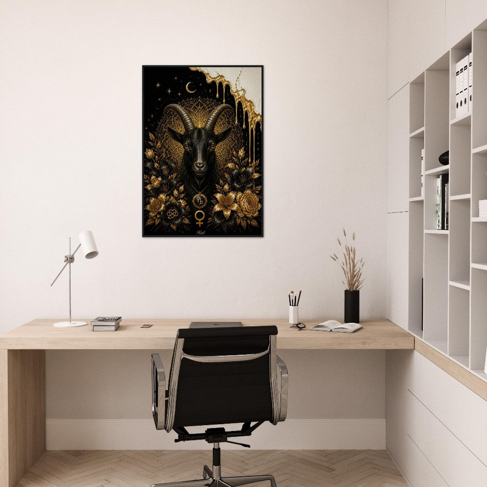 Capricorn Zodiac Goat Poster, Gold Wall Art, Astrology Canvas, Goat Portrait, Zodiac Gift for Her, Danish Art Studio