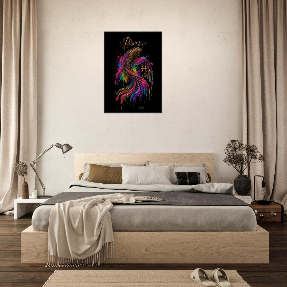 Pisces Neon Zodiac Koi Poster, Colorful Wall Art, Artistic Astrology Canvas, Zodiac Gift for Her, Danish Art Studio