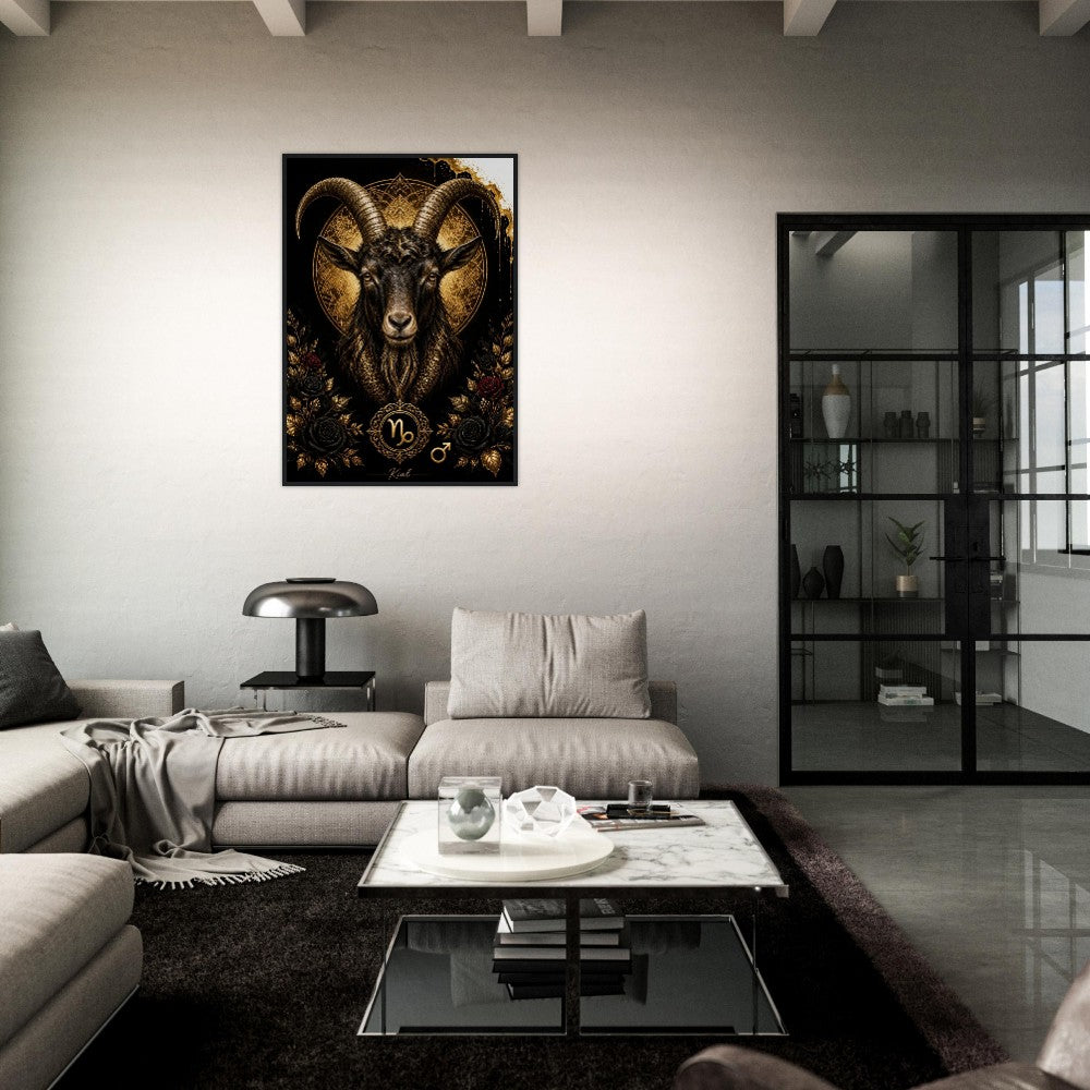 Capricorn Zodiac Goat Poster, Gold Wall Art, Astrology Canvas, Goat Portrait, Zodiac Gift for Him, Danish Art Studio