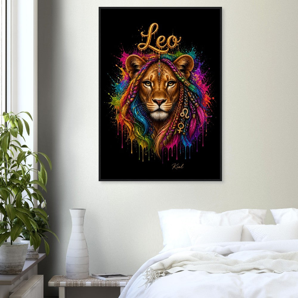 Leo Neon Zodiac Lion Poster, Colorful Wall Art, Artistic Astrology Canvas, Zodiac Gift for Her, Danish Art Studio