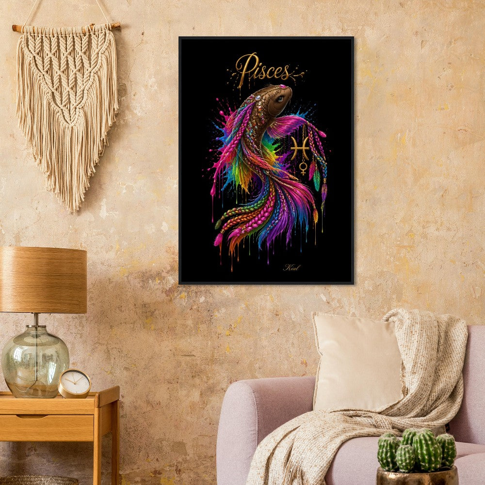 Pisces Neon Zodiac Koi Poster, Colorful Wall Art, Artistic Astrology Canvas, Zodiac Gift for Her, Danish Art Studio