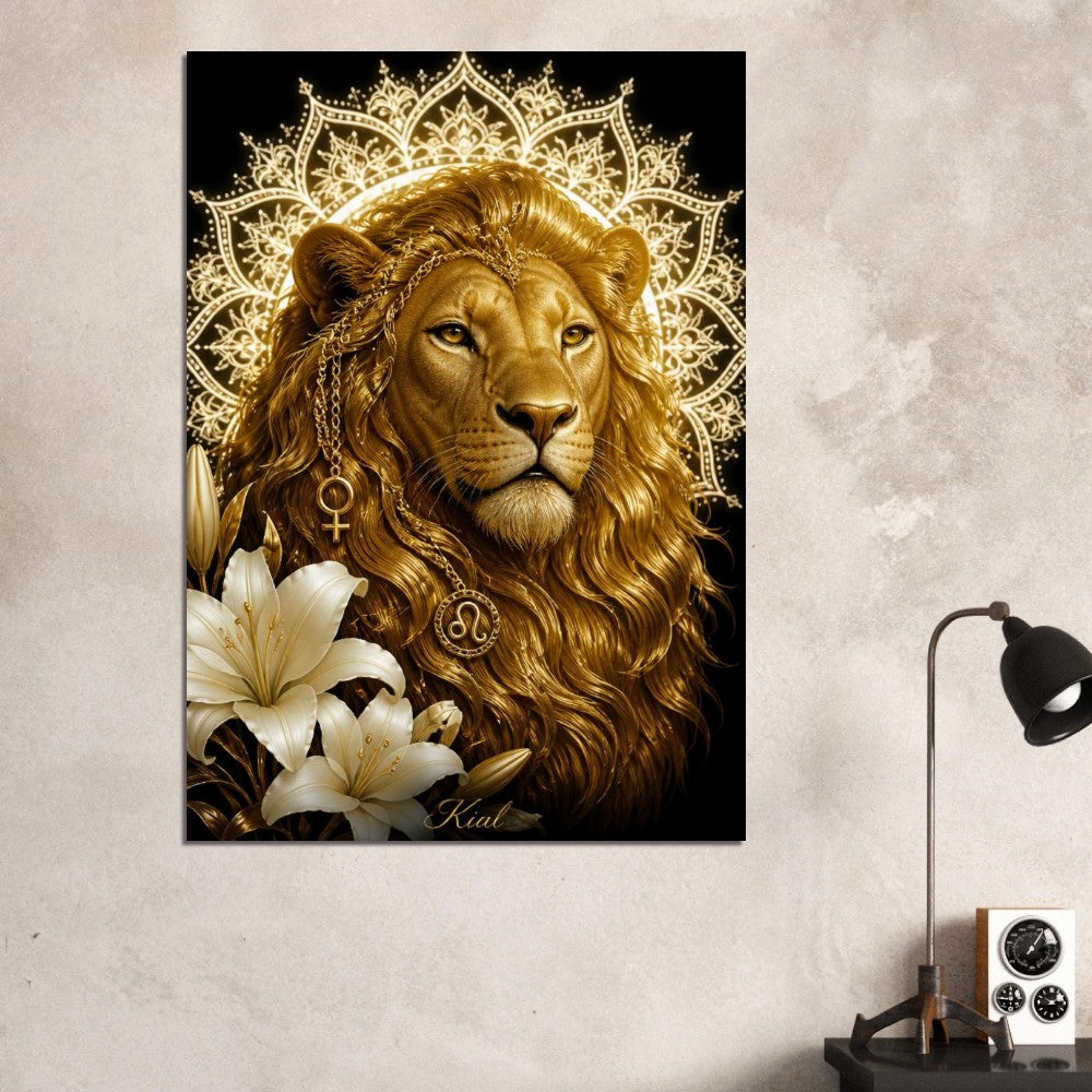 Leo Zodiac Lion Poster, Gold Wall Art, Astrology Canvas, Lion Portrait, Zodiac Gift for Her, Danish Art Studio