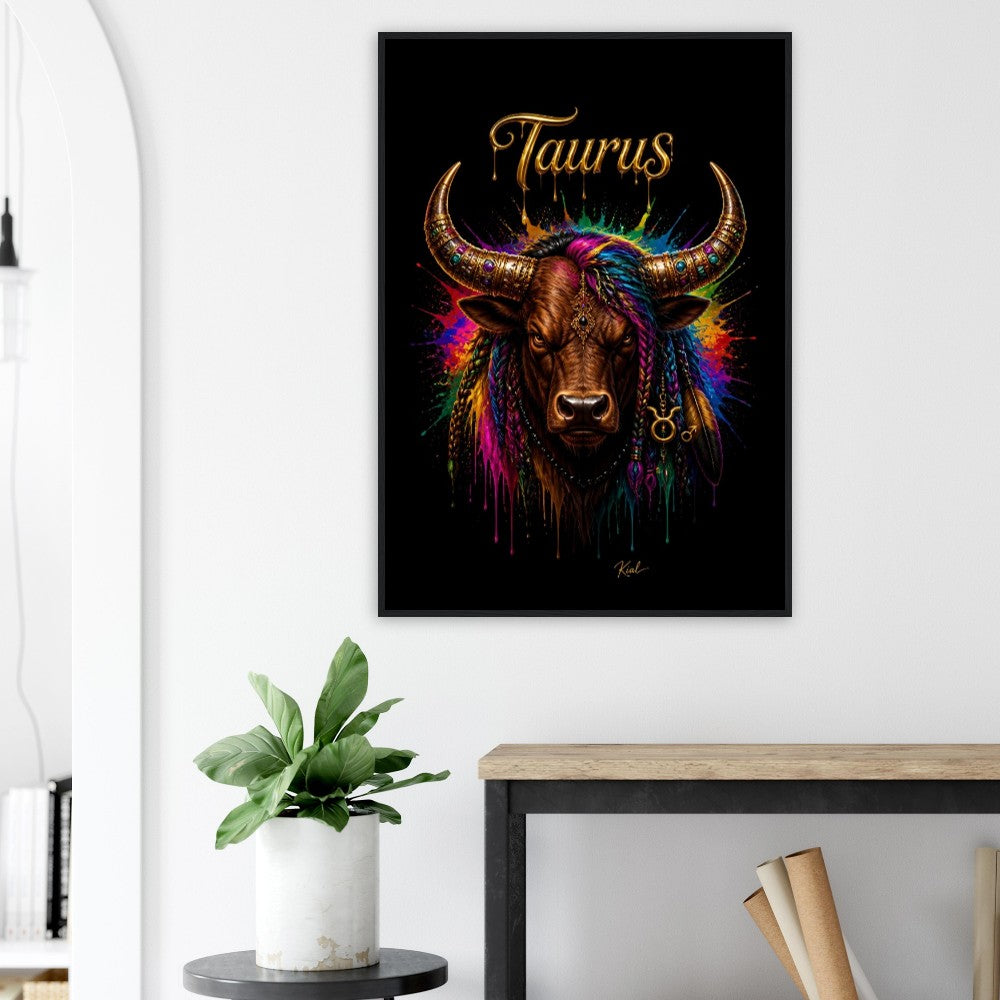 Taurus Neon Zodiac Bull Poster, Colorful Wall Art, Artistic Astrology Canvas, Zodiac Gift for Him, Danish Art Studio