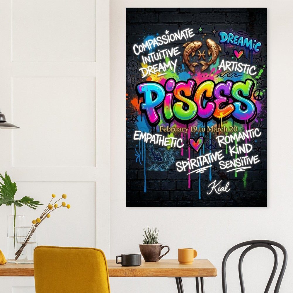 Pisces Neon Graffiti Zodiac Poster, Dark Background, Colorful Street Art, Zodiac Gift for Her, Danish Art Studio