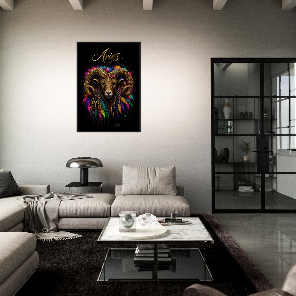 Aries Neon Zodiac Ram Poster, Colorful Wall Art, Artistic Astrology Canvas, Zodiac Gift for Him, Danish Art Studio