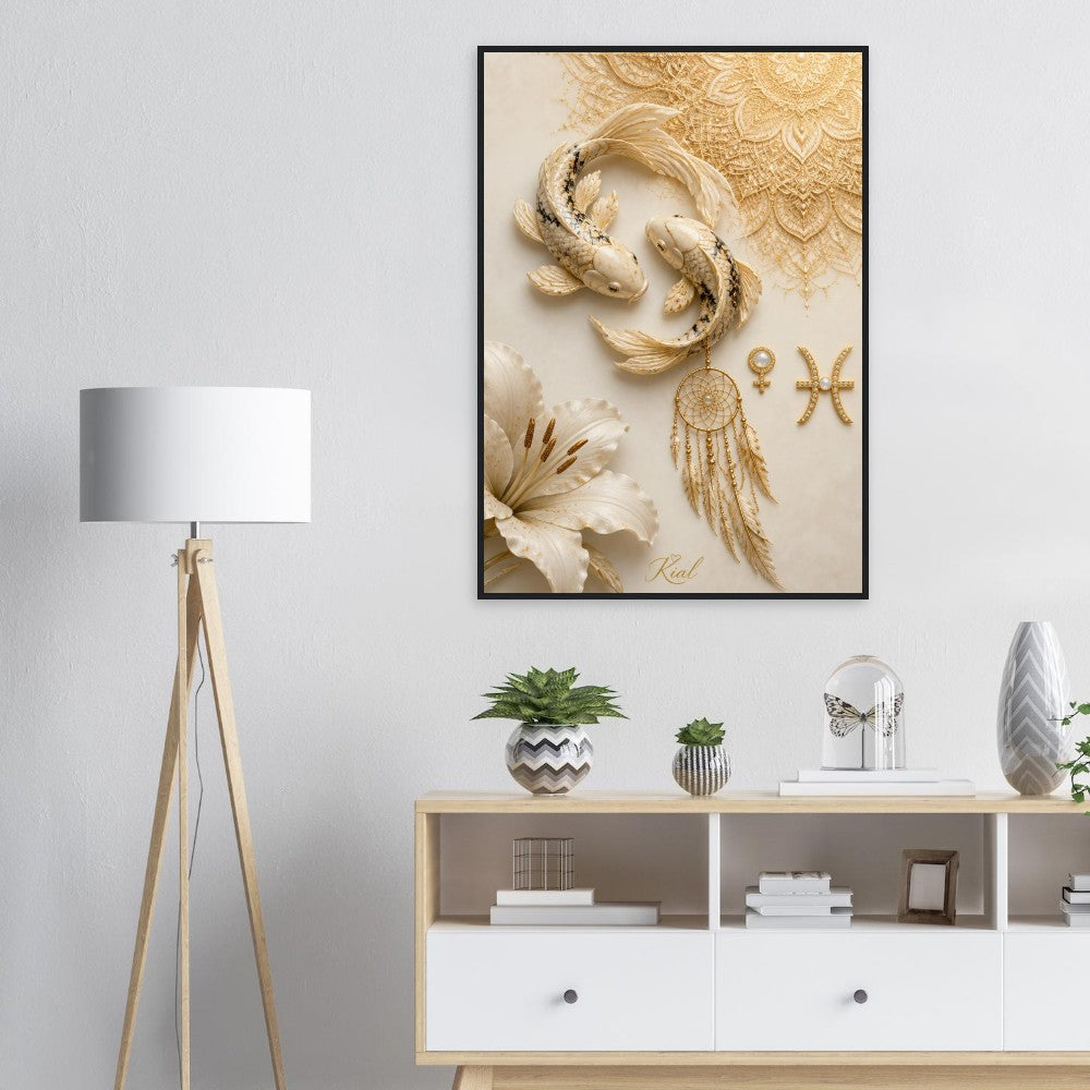 Pisces Zodiac Koi Poster, Gold Wall Art, Astrology Canvas, Koi Portrait, Zodiac Gift for Her, Danish Art Studio
