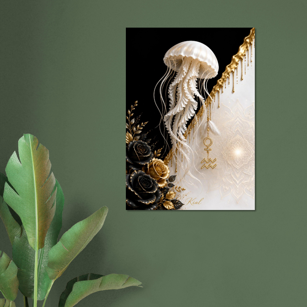 Aquarius Zodiac Jellyfish Poster, Gold Wall Art, Zodiac Gift for Her, Danish Art Studio