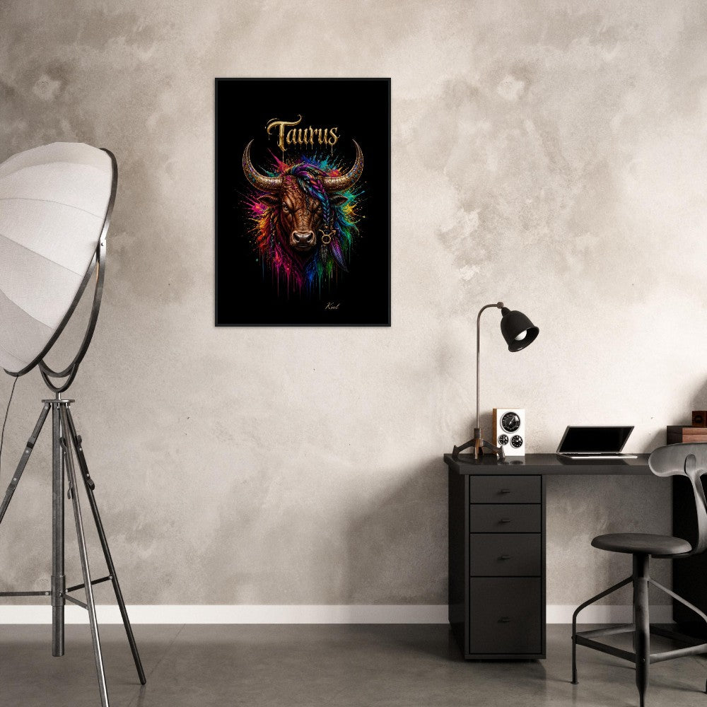 Taurus Neon Zodiac Bull Poster, Colorful Wall Art, Artistic Astrology Canvas, Zodiac Gift for Him, Danish Art Studio
