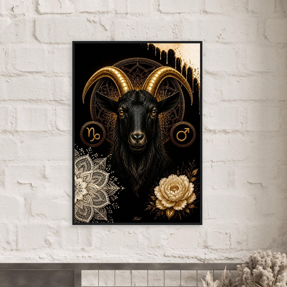 Capricorn Zodiac Goat Poster, Gold Wall Art, Astrology Canvas, Goat Portrait, Zodiac Gift for Him, Danish Art Studio