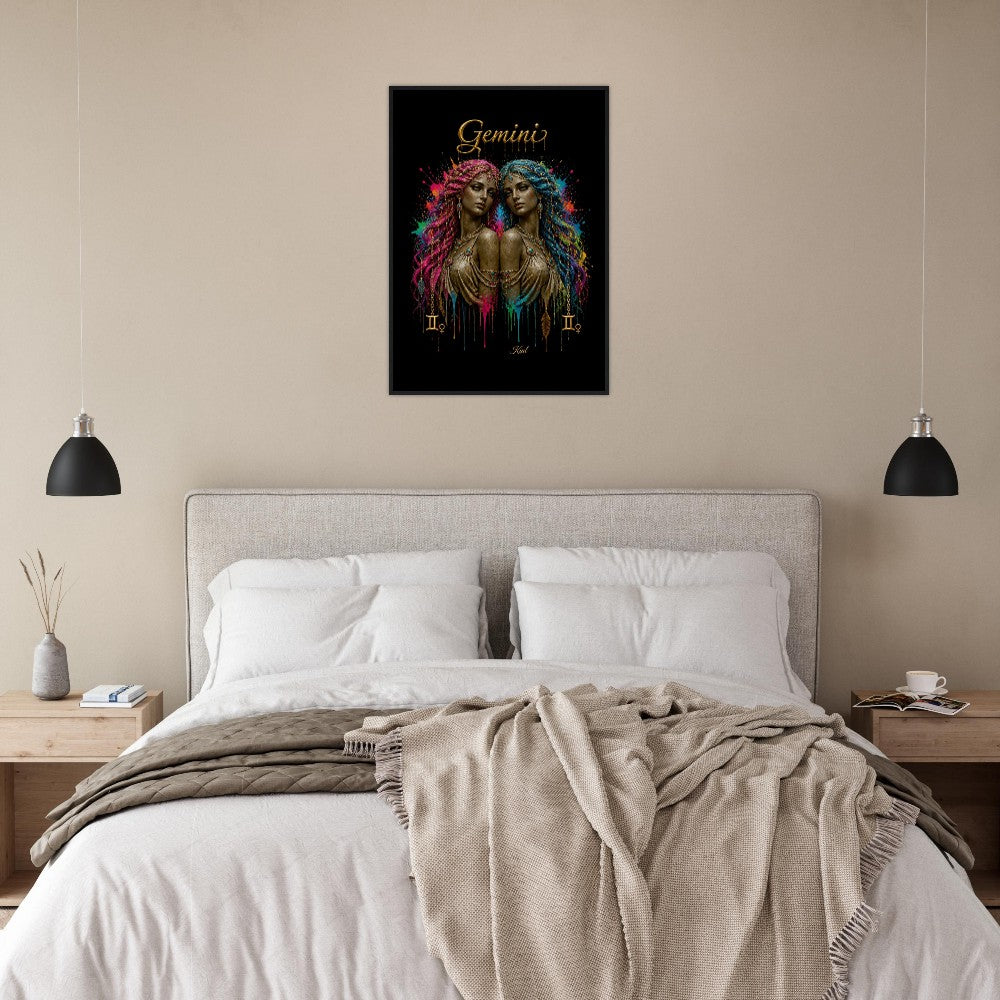 Gemini Neon Zodiac Twins Plakat, Farverig Vægkunst, Kunstnerisk Astrologi Lærred, Zodiak Gave til Hende, Dansk Kunst Studio