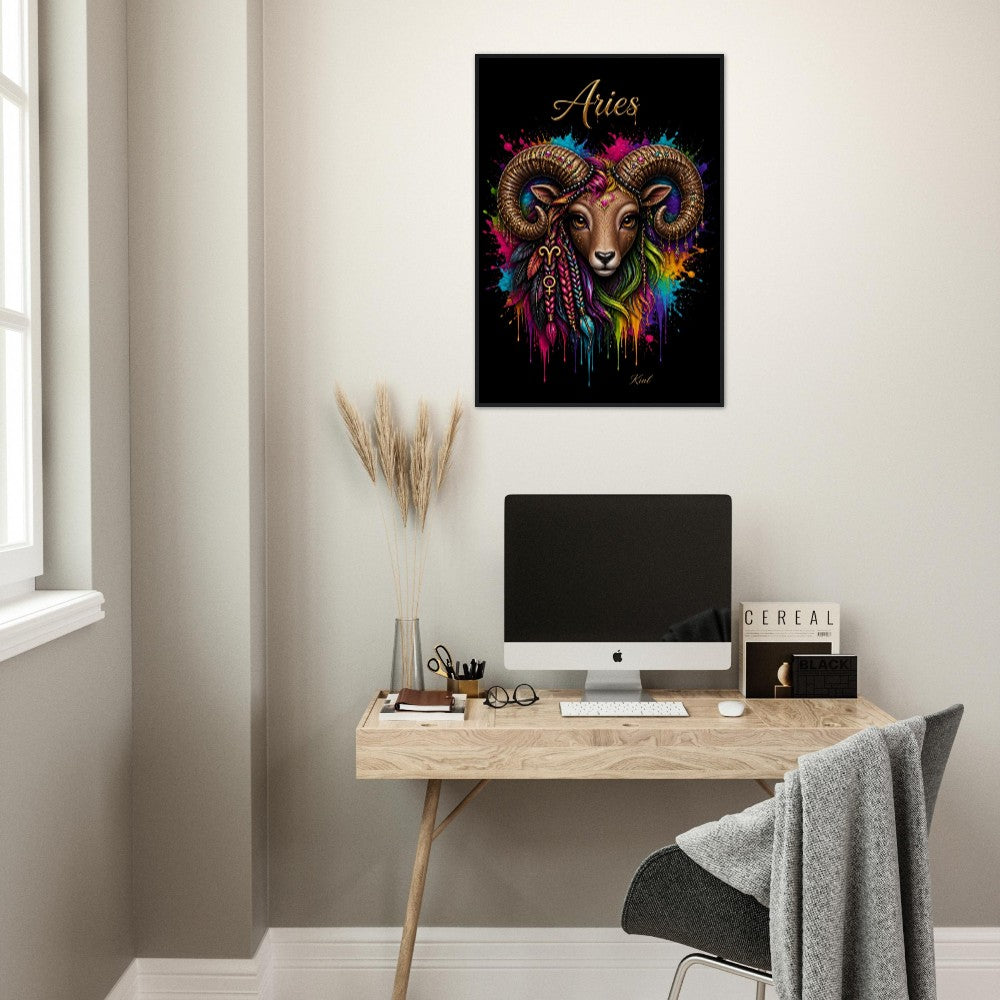 Aries Neon Zodiac Ram Poster, Colorful Wall Art, Artistic Astrology Canvas, Zodiac Gift for Her, Danish Art Studio
