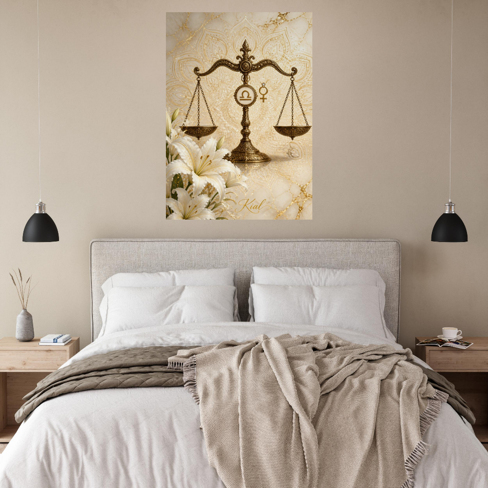Libra Zodiac Scales Poster, Gold Wall Art, Astrology Canvas, Scales Portrait, Zodiac Gift for Her, Danish Art Studio