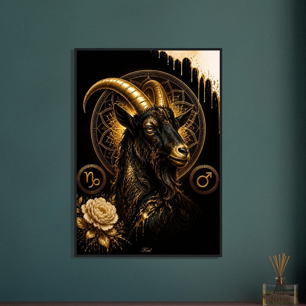 Capricorn Zodiac Goat Poster, Gold Wall Art, Astrology Canvas, Goat Portrait, Zodiac Gift for Him, Danish Art Studio