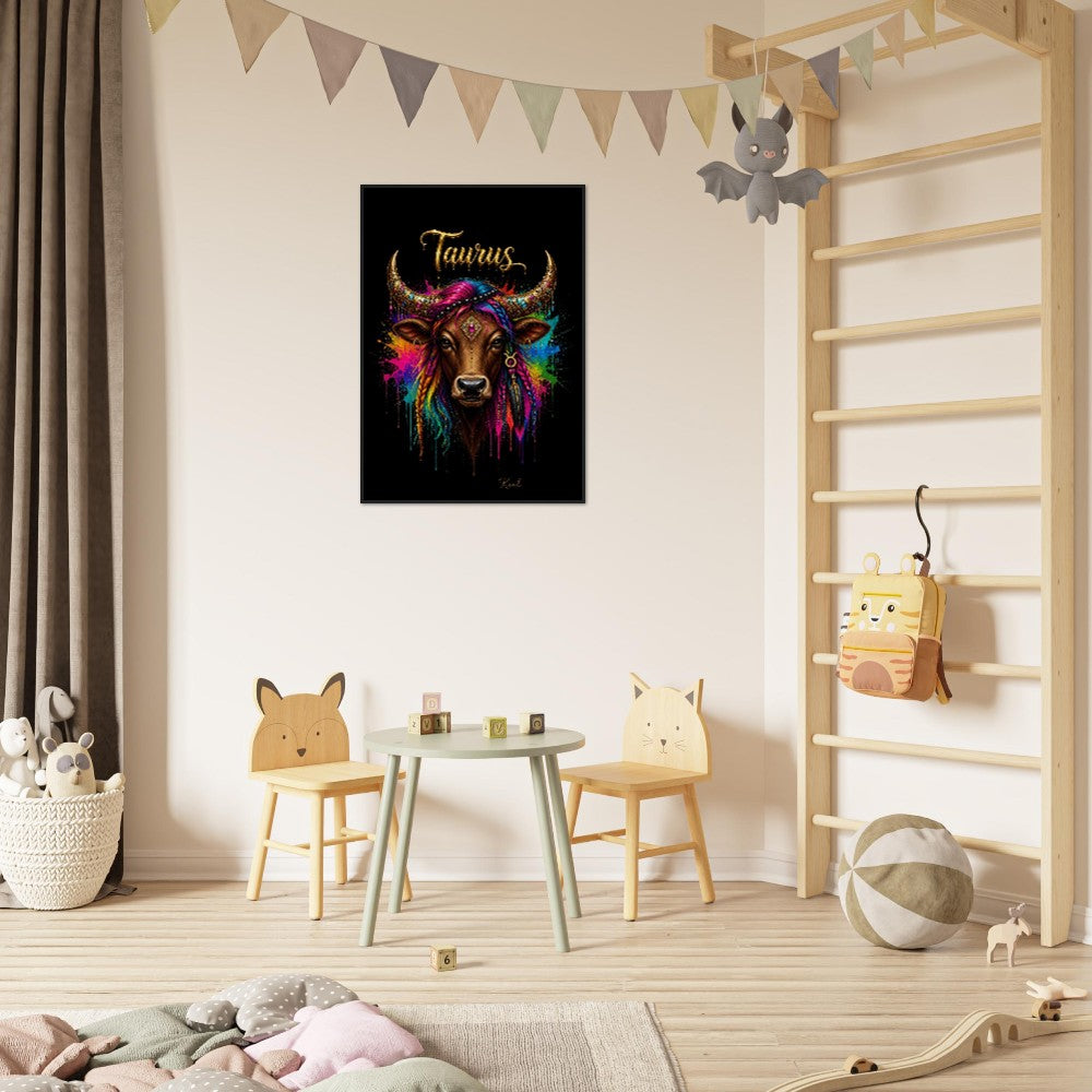 Taurus Neon Zodiac Bull Poster, Colorful Wall Art, Artistic Astrology Canvas, Zodiac Gift for Her, Danish Art Studio