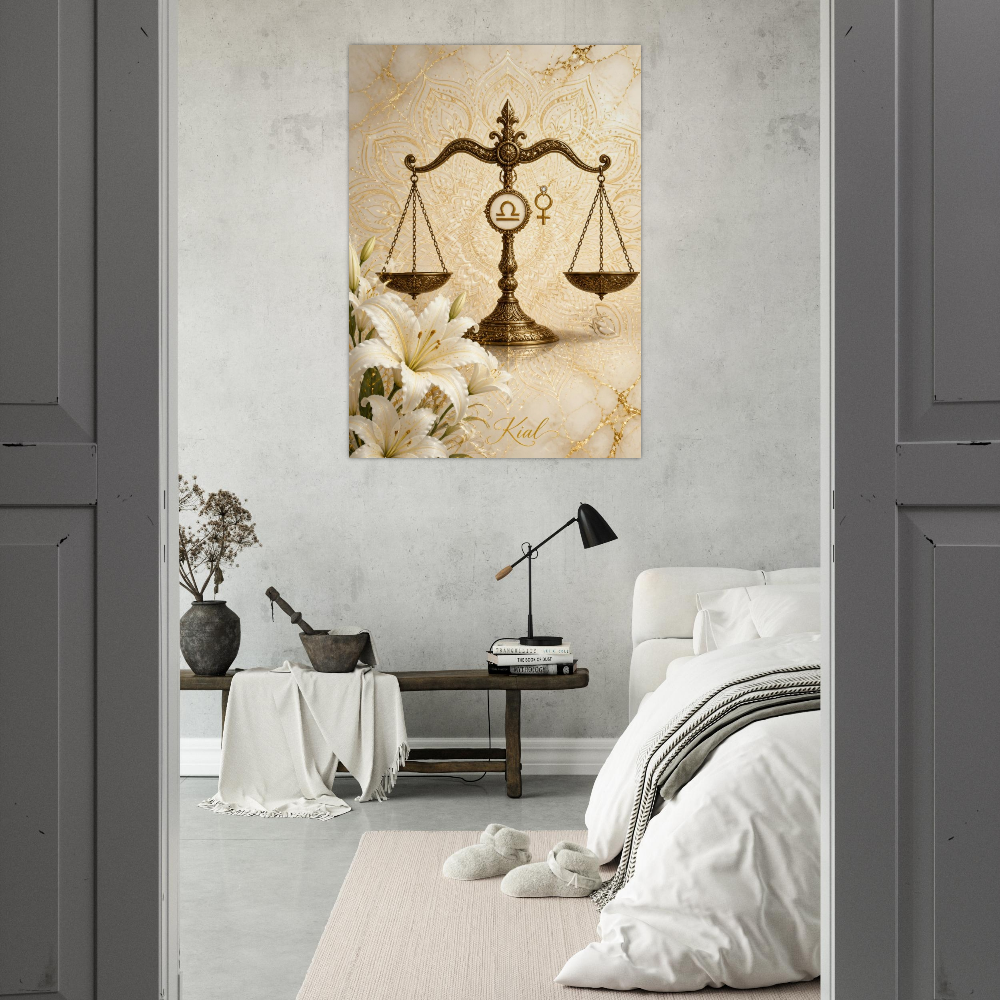 Libra Zodiac Scales Poster, Gold Wall Art, Astrology Canvas, Scales Portrait, Zodiac Gift for Her, Danish Art Studio