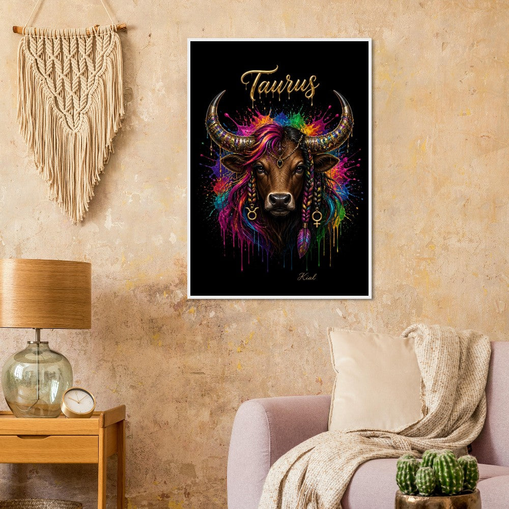 Taurus Neon Zodiac Bull Poster, Colorful Wall Art, Artistic Astrology Canvas, Zodiac Gift for Her, Danish Art Studio