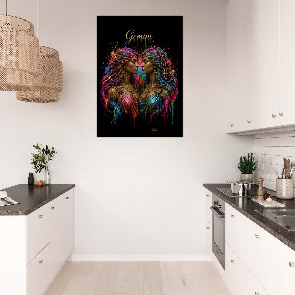 Gemini Neon Zodiac Tvillinger Plakat, Farverig Vægkunst, Kunstnerisk Astrologi Lærred, Horoskop Gave til Hende, Danish Art Studio