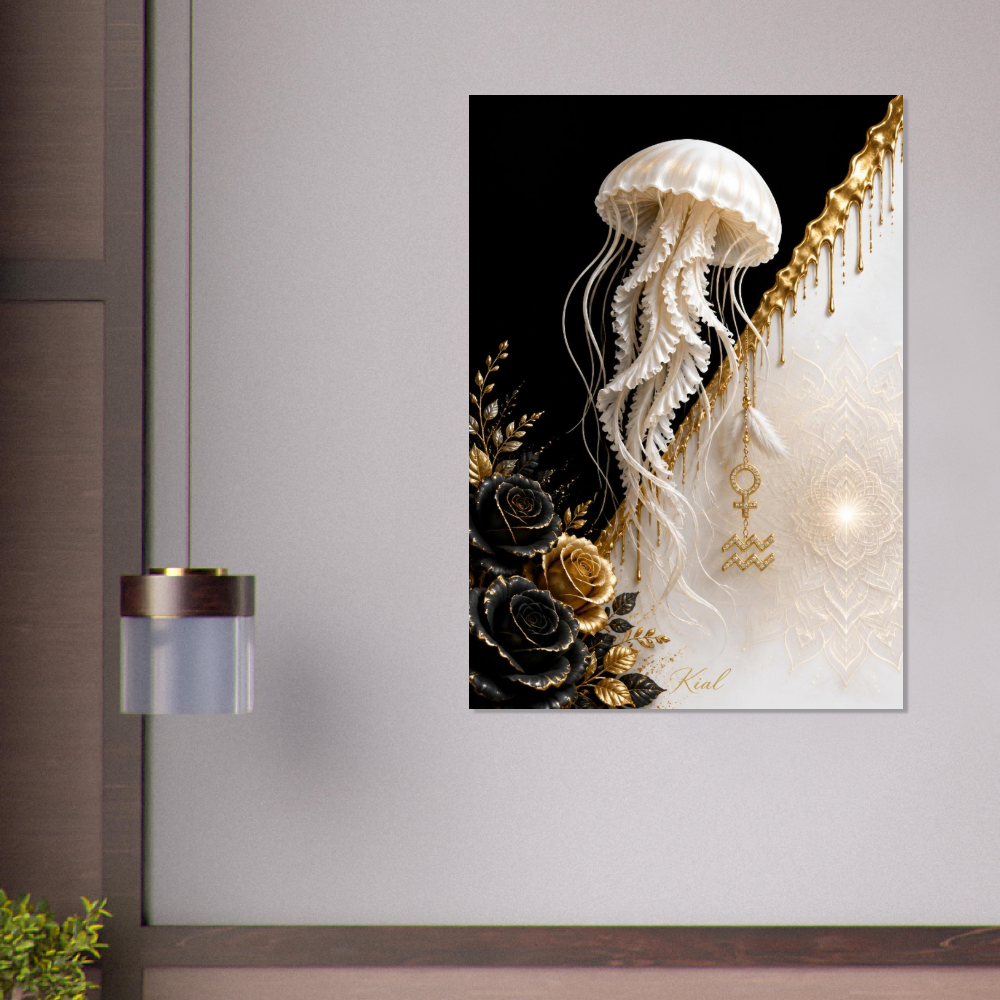 Aquarius Zodiac Jellyfish Poster, Gold Wall Art, Zodiac Gift for Her, Danish Art Studio