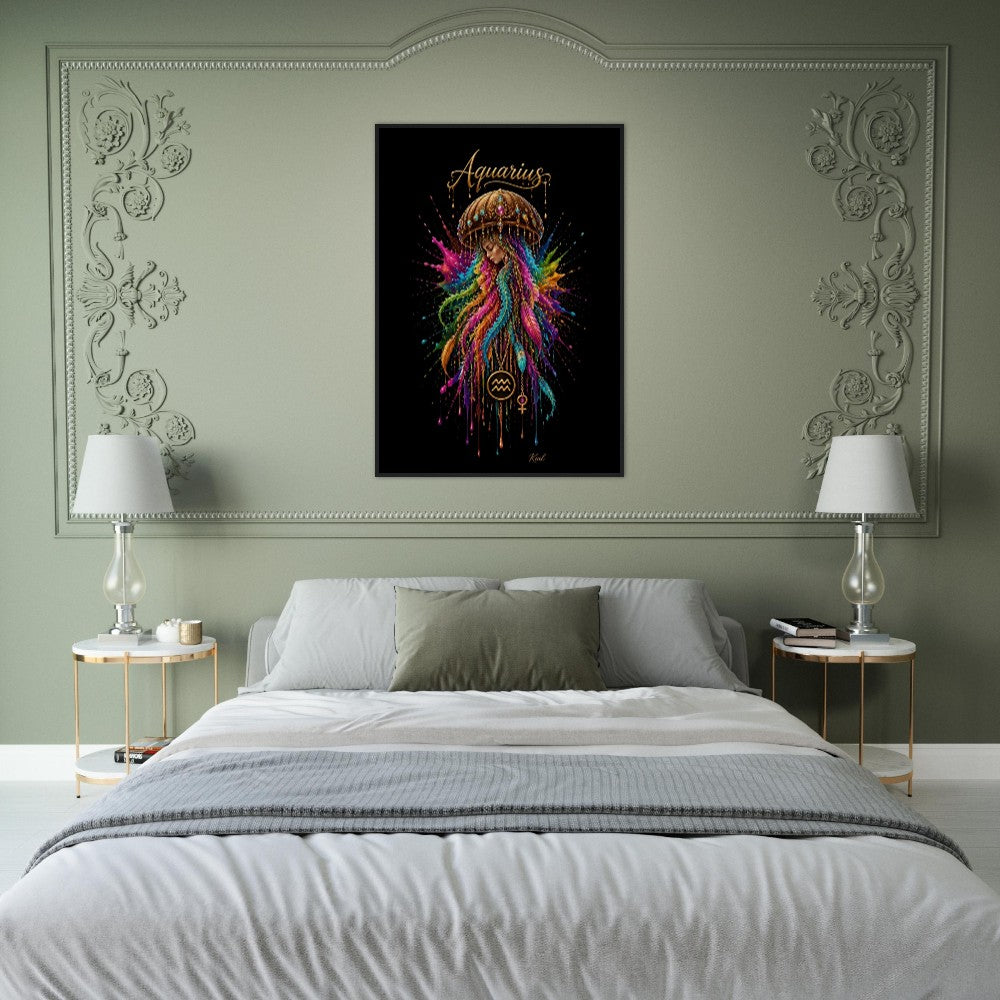 Aquarius Neon Zodiac Medusaplakat, Farverig Vægkunst, Zodiac Gave til Hende, Danish Art Studio