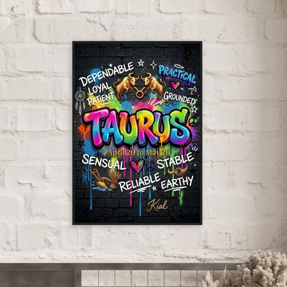Taurus Neon Graffiti Zodiac Poster, Dark Background, Colorful Street Art, Zodiac Gift for Her, Danish Art Studio