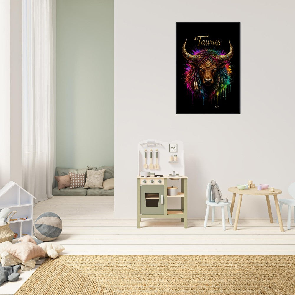 Taurus Neon Zodiac Bull Poster, Colorful Wall Art, Artistic Astrology Canvas, Zodiac Gift for Him, Danish Art Studio