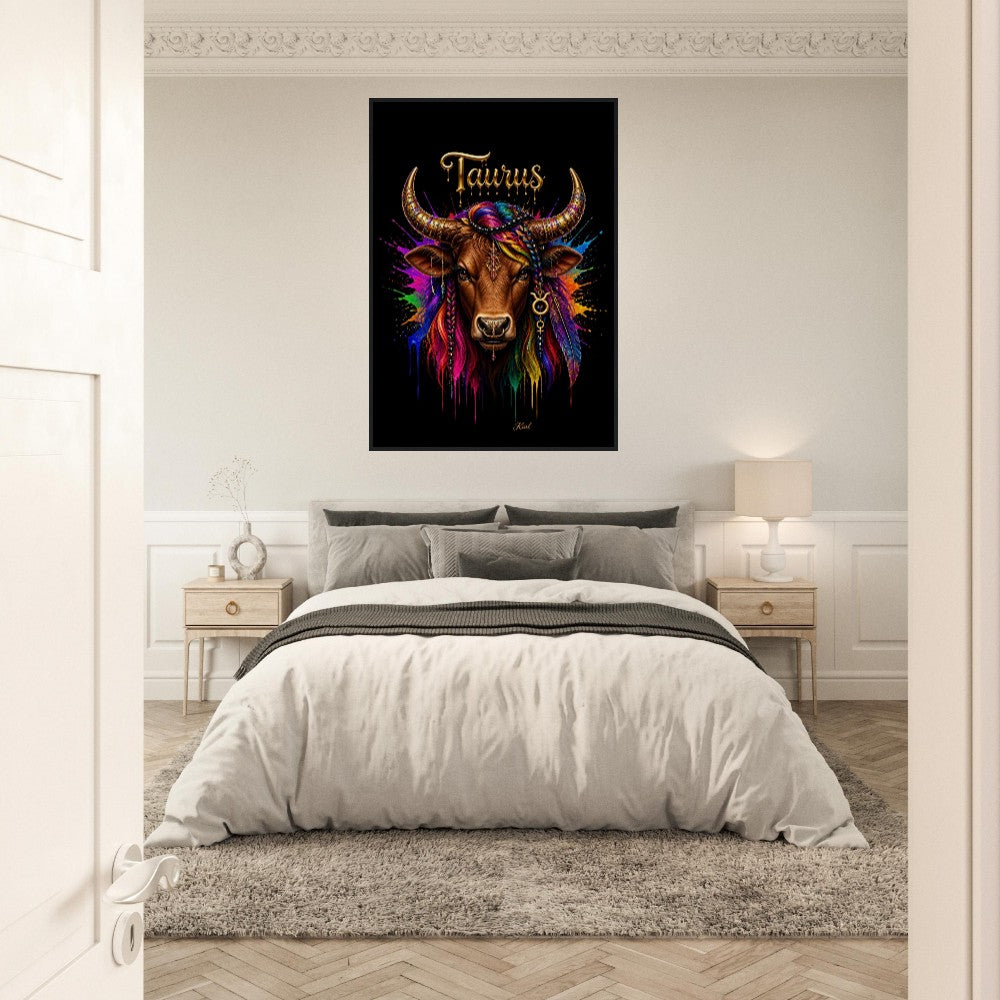 Taurus Neon Zodiac Bull Poster, Colorful Wall Art, Artistic Astrology Canvas, Zodiac Gift for Her, Danish Art Studio