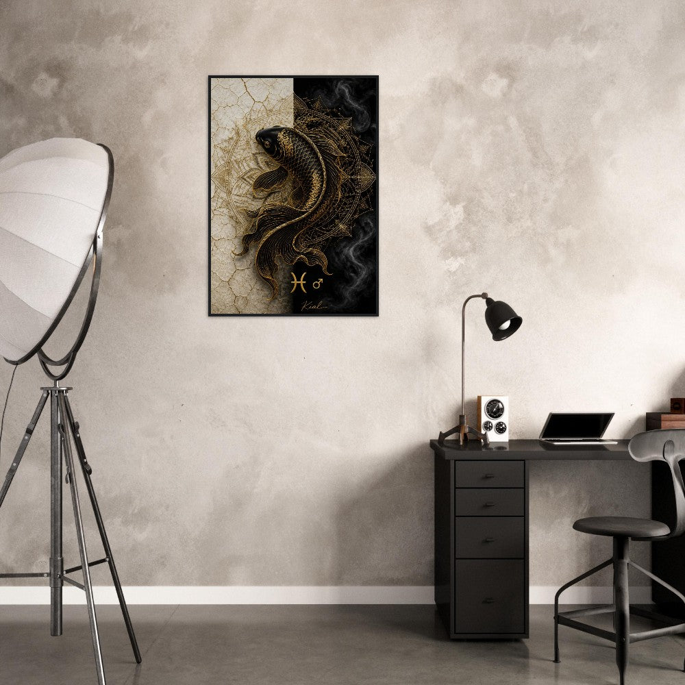 Pisces Zodiac Koi Poster, Gold Wall Art, Astrology Canvas, Koi Portrait, Zodiac Gift for Him, Danish Art Studio