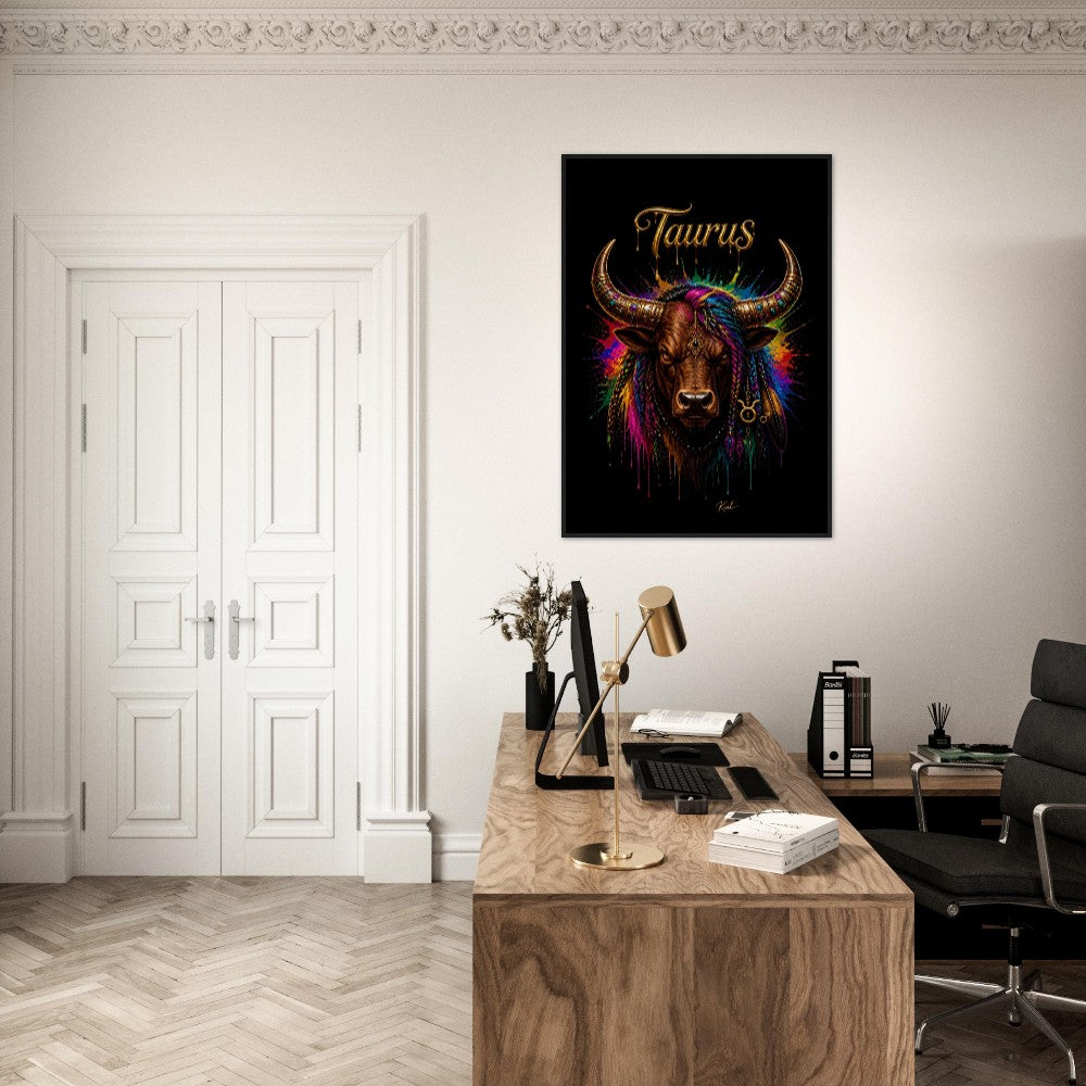 Taurus Neon Zodiac Bull Poster, Colorful Wall Art, Artistic Astrology Canvas, Zodiac Gift for Him, Danish Art Studio