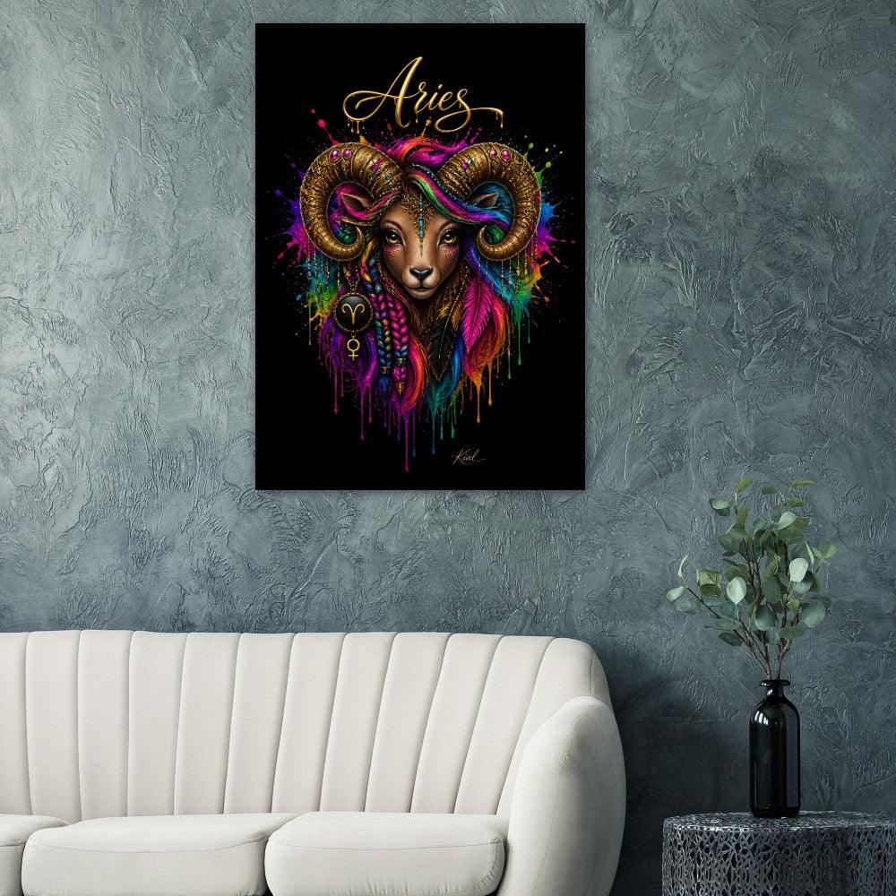 Vædderen Neon Stjernetegn Plakat, Farverig Vægkunst, Kunstnerisk Astrologi Lærred, Stjernetegnsgave til Hende, Danish Art Studio
