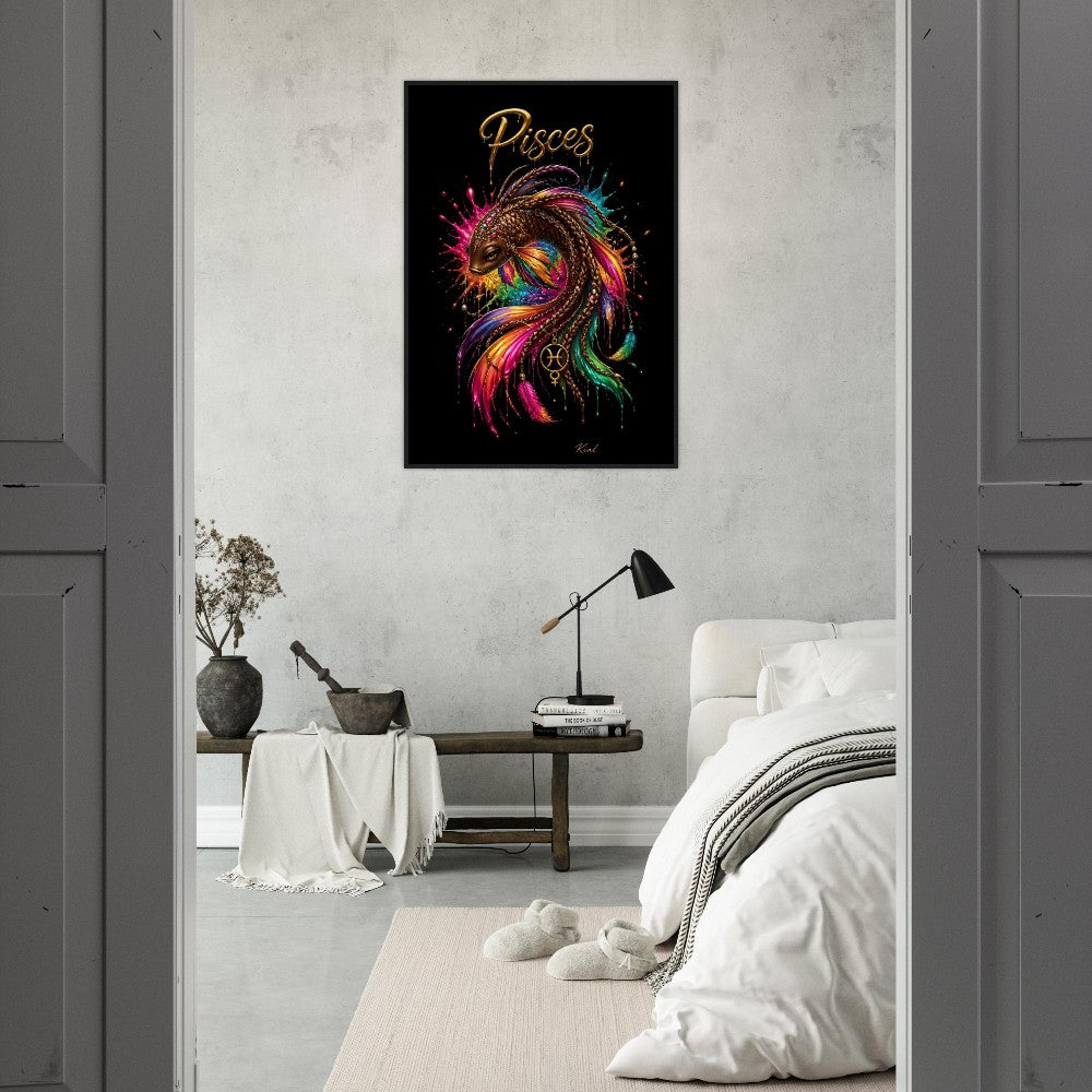 Pisces Neon Zodiac Koi Poster, Colorful Wall Art, Artistic Astrology Canvas, Zodiac Gift for Her, Danish Art Studio