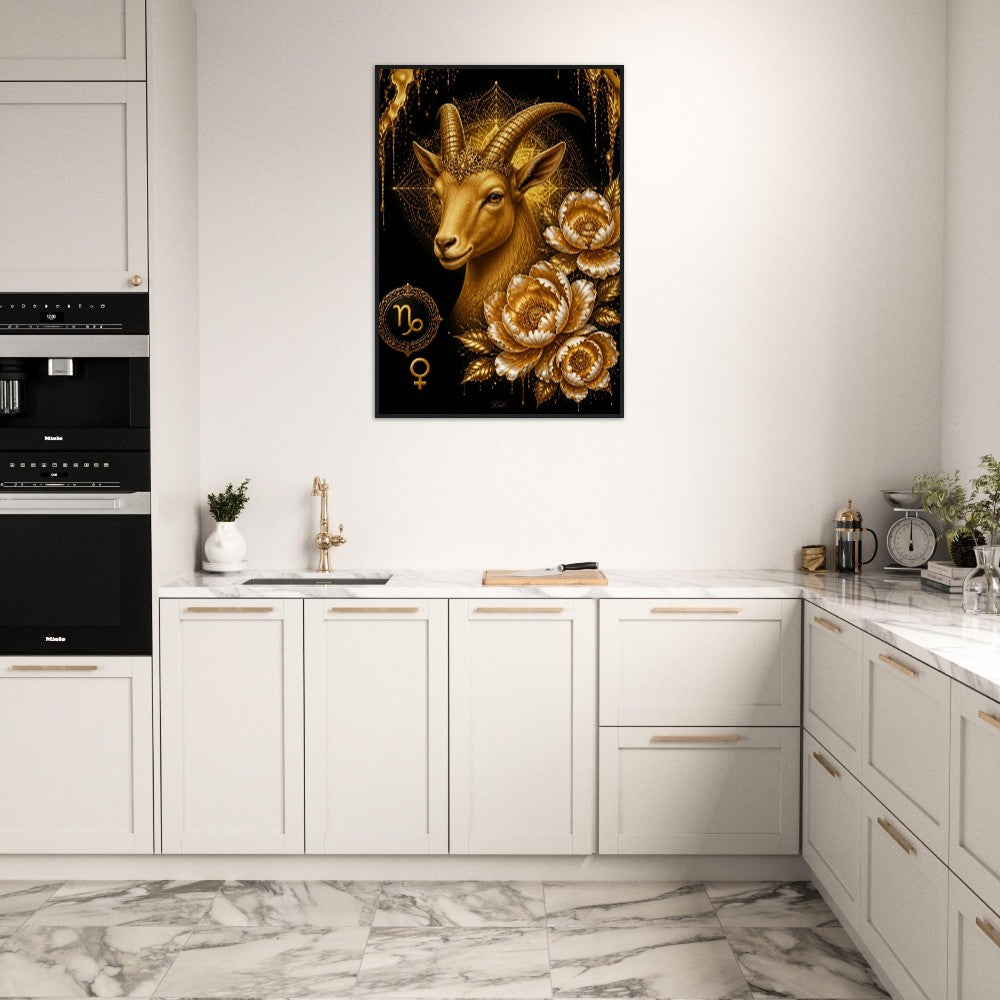 Capricorn Zodiac Goat Poster, Gold Wall Art, Astrology Canvas, Goat Portrait, Zodiac Gift for Her, Danish Art Studio
