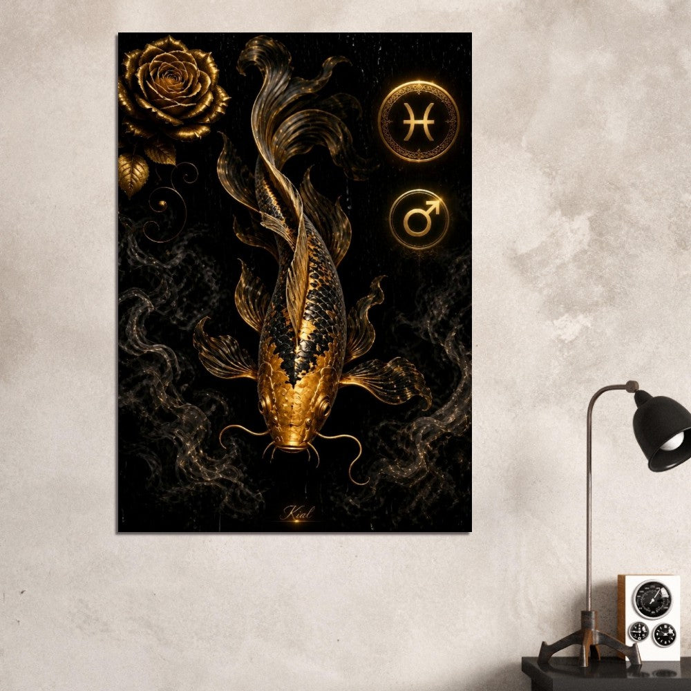 Pisces Zodiac Koi Poster, Gold Wall Art, Astrology Canvas, Koi Portrait, Zodiac Gift for Him, Danish Art Studio