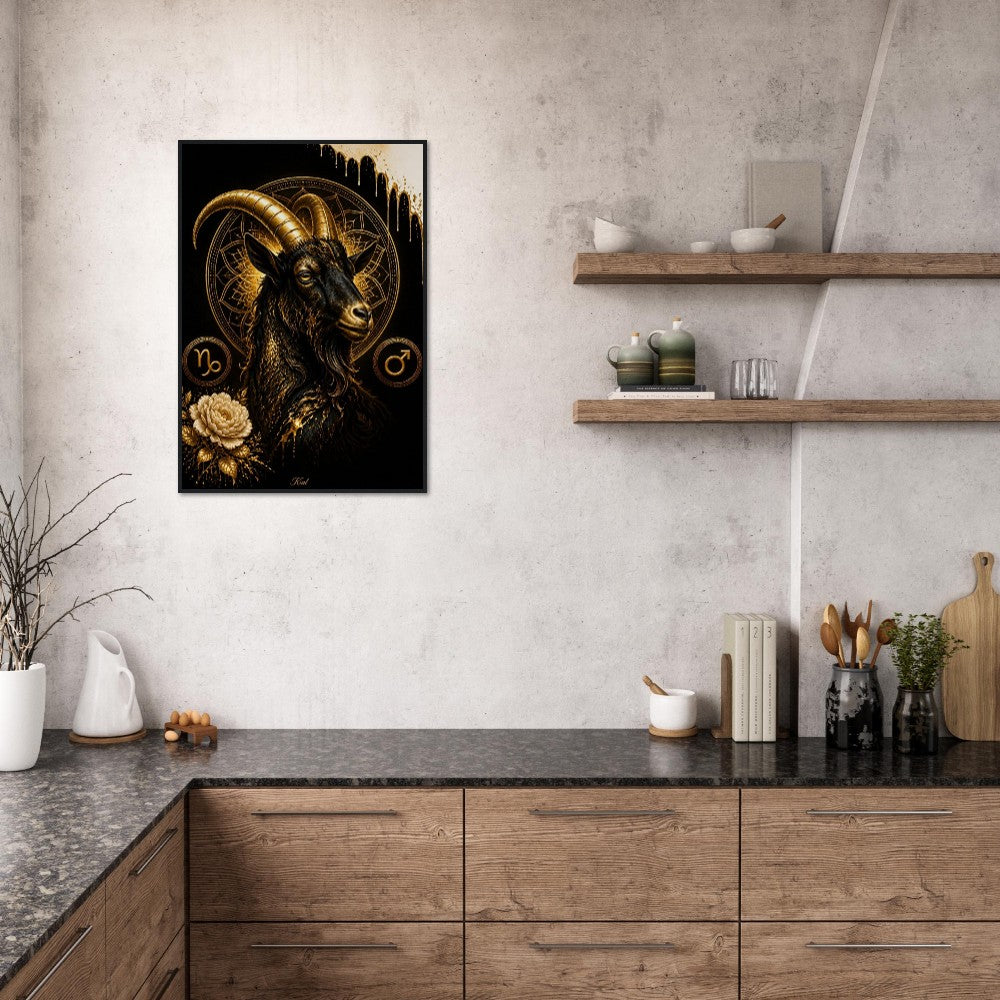 Capricorn Zodiac Goat Poster, Gold Wall Art, Astrology Canvas, Goat Portrait, Zodiac Gift for Him, Danish Art Studio
