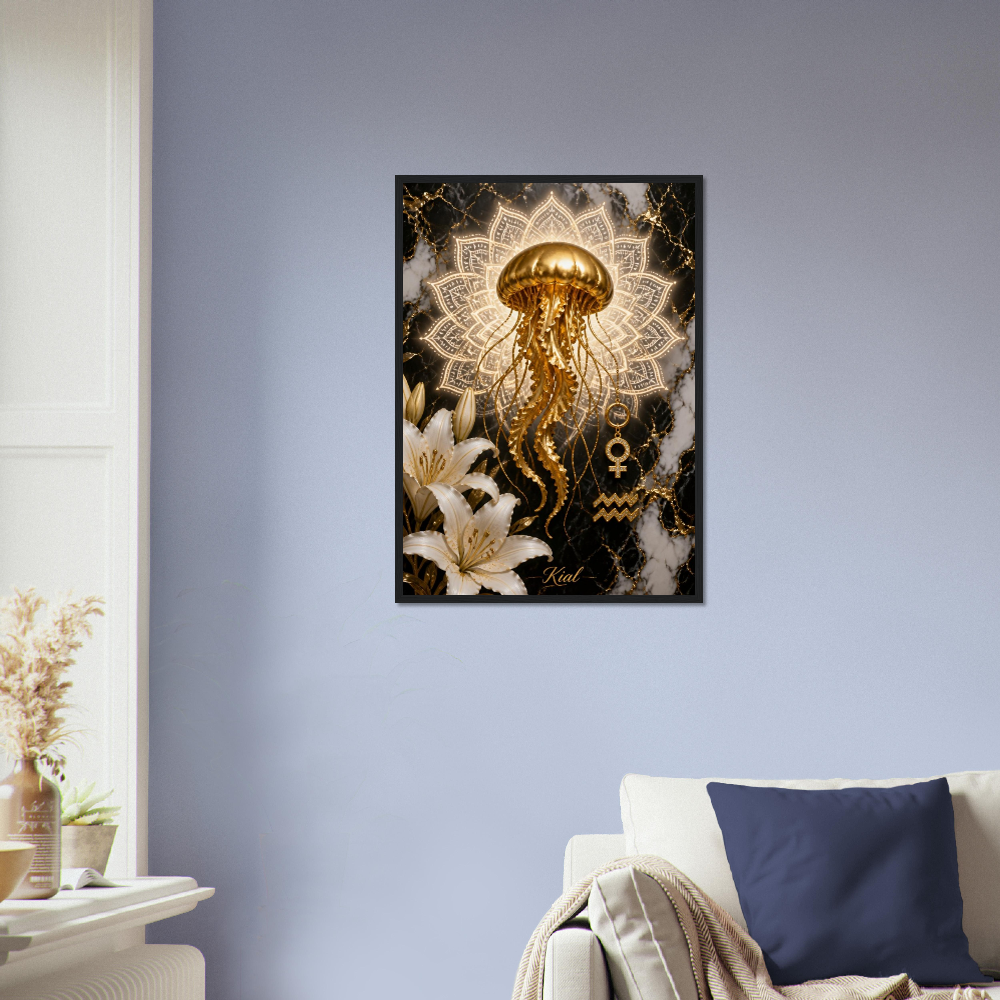 Aquarius Zodiac Jellyfish Poster, Gold Wall Art, Zodiac Gift for Her, Danish Art Studio
