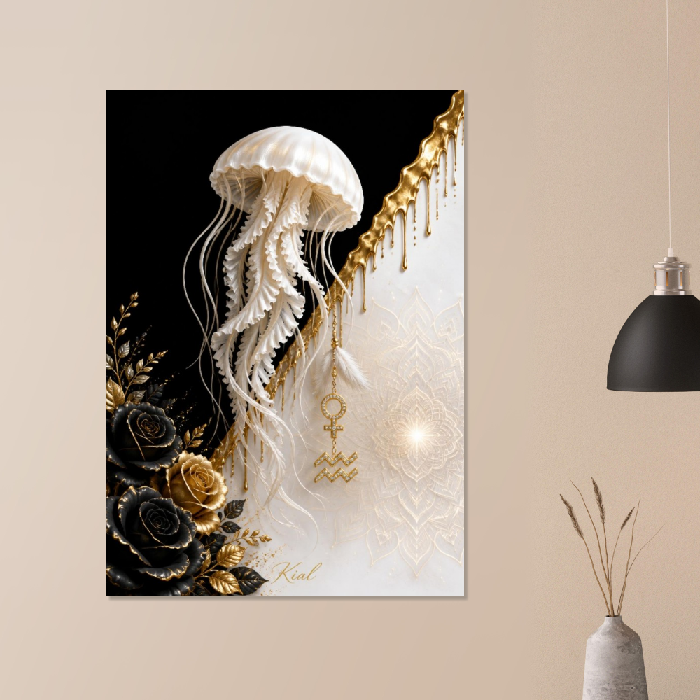 Aquarius Zodiac Jellyfish Poster, Gold Wall Art, Zodiac Gift for Her, Danish Art Studio