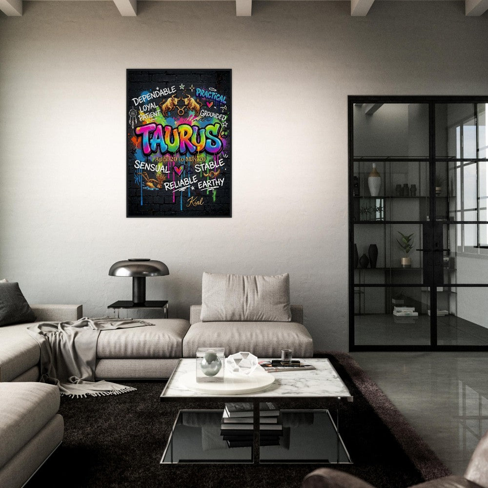 Taurus Neon Graffiti Zodiac Poster, Dark Background, Colorful Street Art, Zodiac Gift for Her, Danish Art Studio