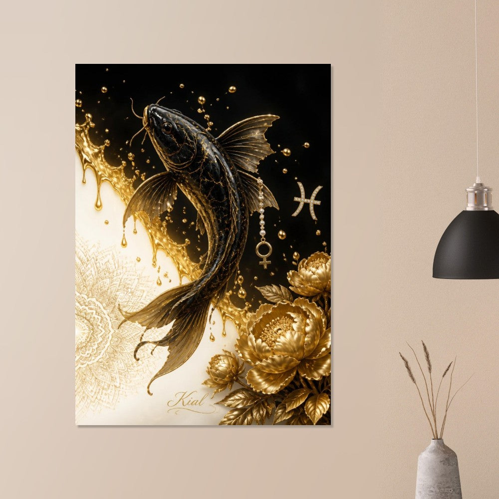 Pisces Zodiac Koi Poster, Gold Wall Art, Astrology Canvas, Koi Portrait, Zodiac Gift for Her, Danish Art Studio