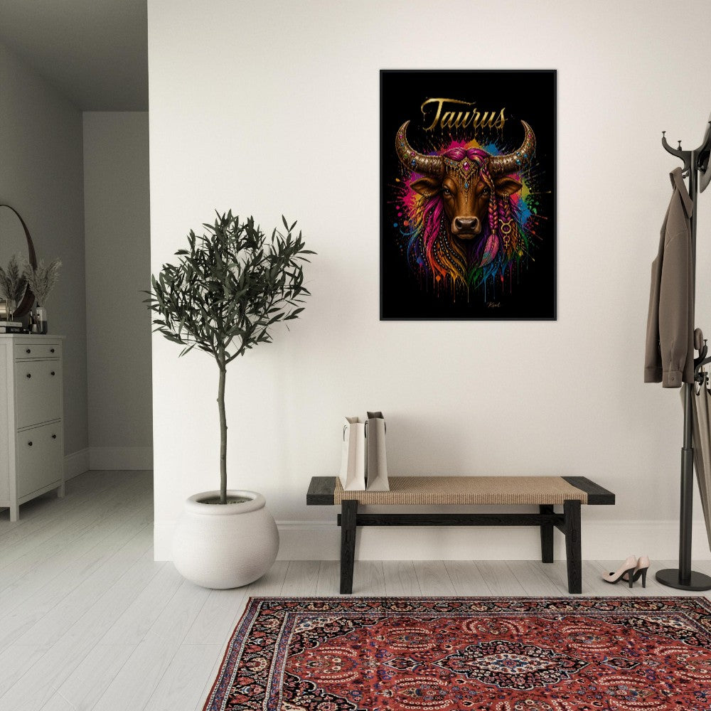 Taurus Neon Zodiac Bull Poster, Colorful Wall Art, Artistic Astrology Canvas, Zodiac Gift for Her, Danish Art Studio