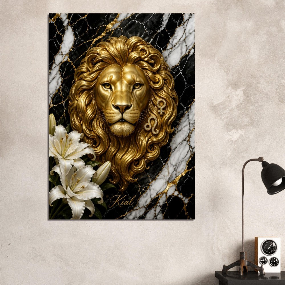 Leo Zodiac Lion Poster, Gold Wall Art, Astrology Canvas, Lion Portrait, Zodiac Gift for Her, Danish Art Studio