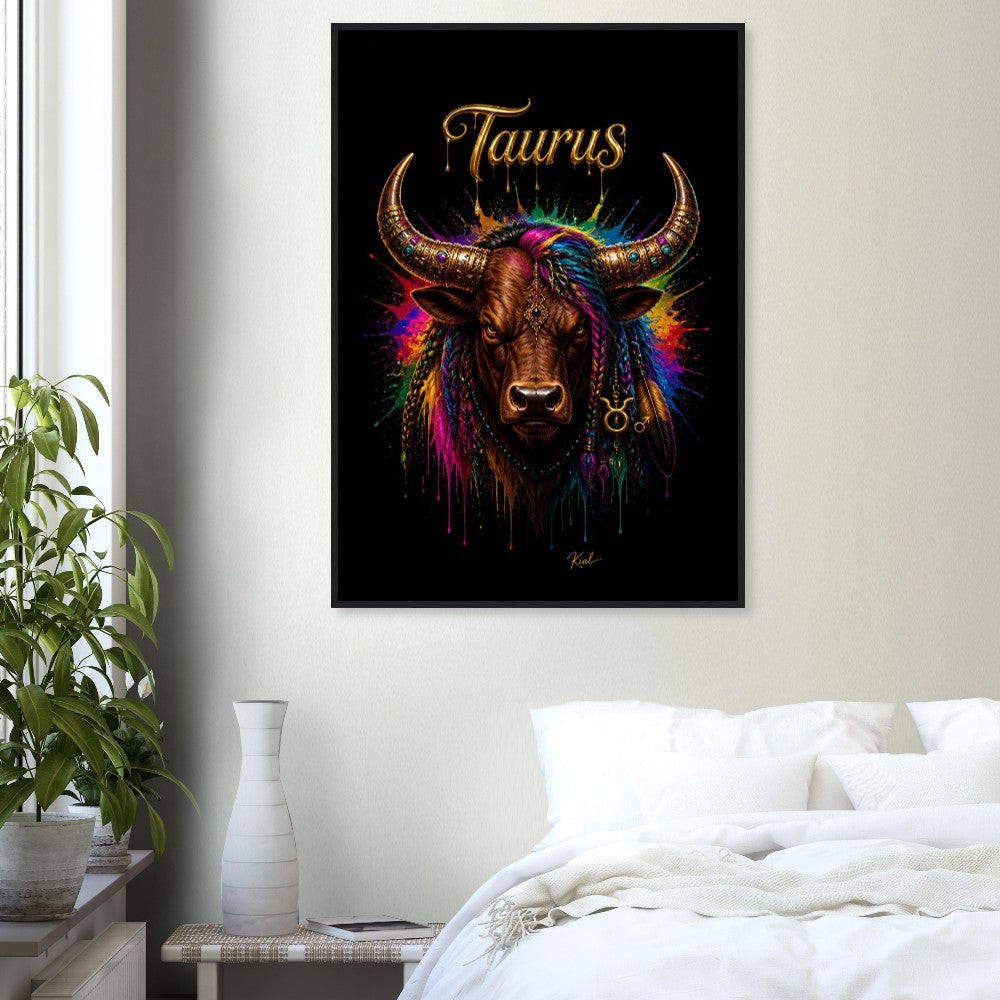 Taurus Neon Zodiac Bull Poster, Colorful Wall Art, Artistic Astrology Canvas, Zodiac Gift for Him, Danish Art Studio
