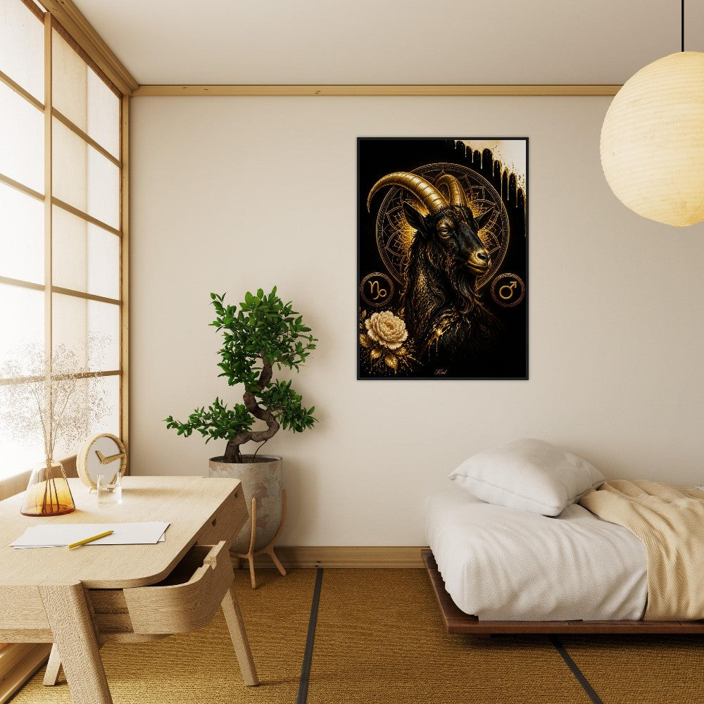 Capricorn Zodiac Goat Poster, Gold Wall Art, Astrology Canvas, Goat Portrait, Zodiac Gift for Him, Danish Art Studio
